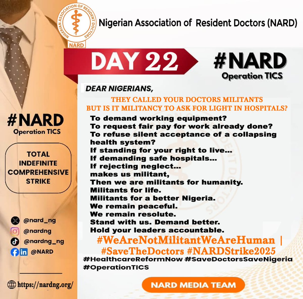nard_nigeria's tweet image. DAY 22 OF OPERATION TICS

Dear Nigerians,

They called your doctors militants

But is it militancy to ask for light in hospitals?
To demand working equipment?
To request fair pay for work already done?
To refuse silent acceptance of a collapsing health system?

If standing for…