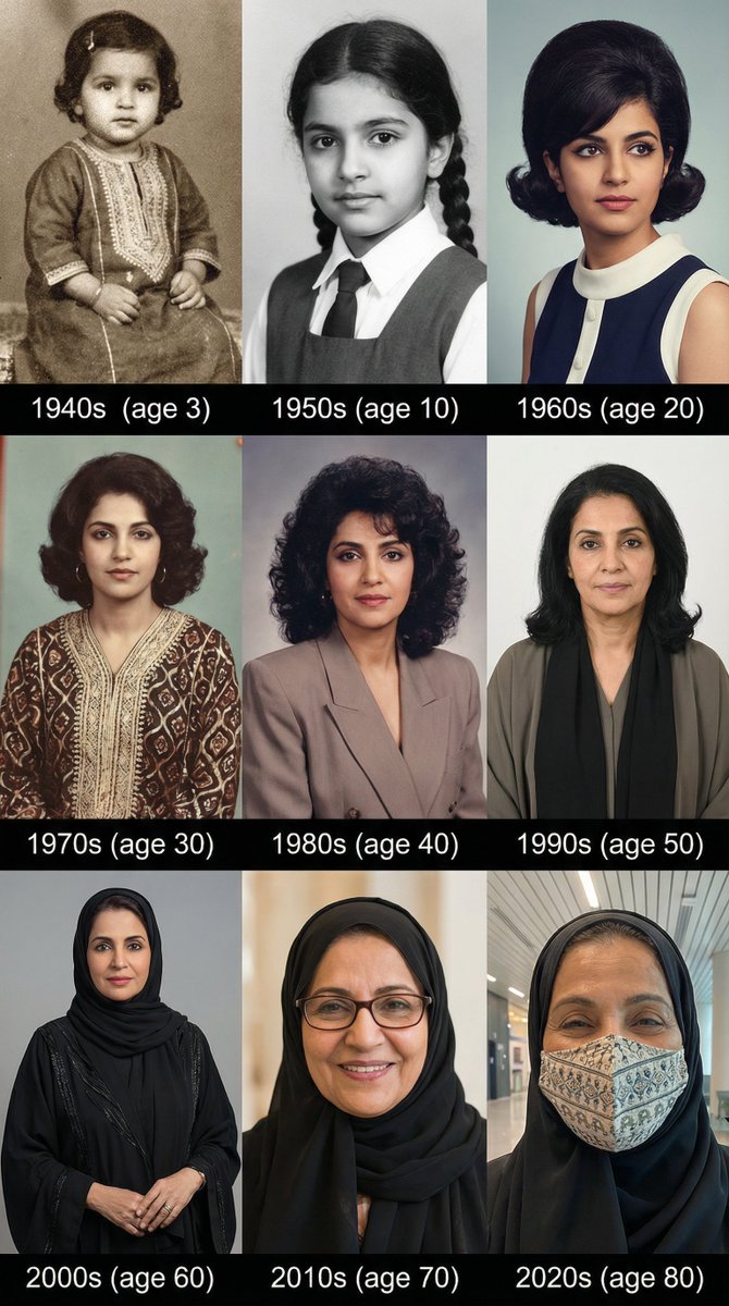 areej_design's tweet photo. حقيقي مستحيل ما تنبهر😳

بس أوريكم اليوم البرومت اللي سويته على منصة @higgsfield_ai 
عن طريق النموذج الرائع Nano Banana Pro فاجأني كيف قدر يحافظ على نفس الملامح بكل الأعمار 🔥

لاحظو بـ 2020 لابسة كمامة صدمني والله😂😂 الله لايعيدها من أيام 

حبيت أشارككم البرومت للي مهتم يجرب بنفسه 
وبالمناسبة… يوم 21 نوفمبر Higgsfield قدمت وصول مجاني للنموذج كجزء من الإطلاق، والحين عليه خصم 65%😍

فرصة للي حاب يجرب ويستمتع بالقوة الحقيقية للنموذج 👌✨

prompt :Create portraits of this saudi person from age 3 to age 80, with each photo representing a different decade’s style and vibe. Same identity across all images, realistic evolution through the years