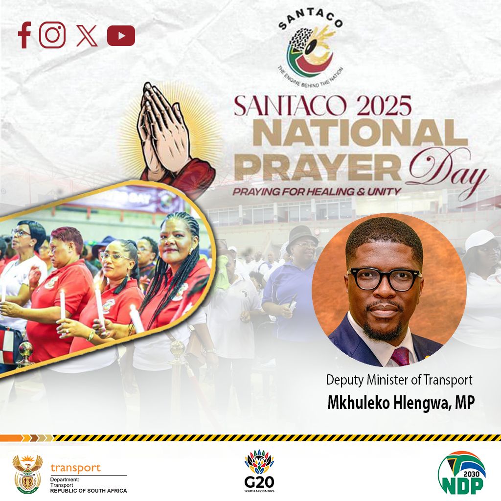 Dotransport's tweet image. SANTACO NATIONAL PRAYER DAY

Deputy Minister, Mkhuleko Hlengwa  attending the Annual Prayer Day Against Gender Based Violence, Taxi Violence, Drug Abuse, &amp;amp; Road Crashes organized by the SANTACO

youtube.com/live/iLanY7xzQ…