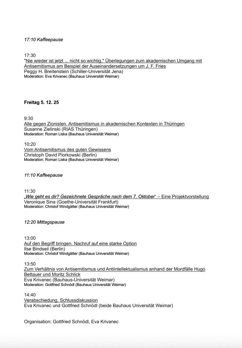 Am 4. &amp; 5. Dezember an der Bauhaus-Universität Weimar: Workshop zu "Antisemitismus &amp; Universität" 

U.a. mit Vortrag von Stephan Grigat: "Kritische Theorie des 'Nahost-Konflikts': Welche Rolle spielt der Antisemitismus bei der Beschäftigung mit Israel?"
uni-weimar.de/de/kunst-und-g…