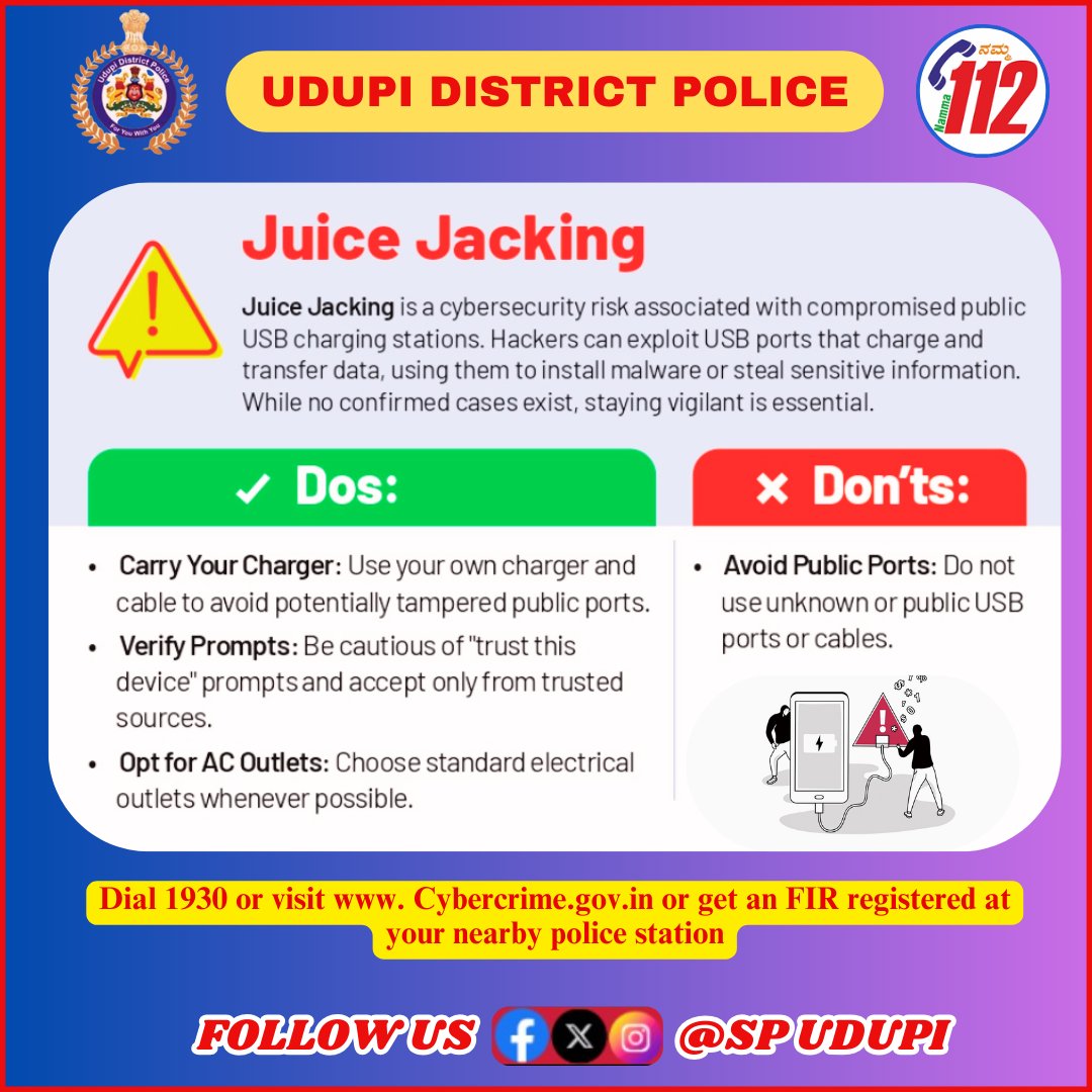 PoliceUdupi's tweet image. “Not every public USB port is safe. Protect your data.” #JuiceJacking #CyberAwareness #MobileSecurity #SecureCharging                                                                                      @DgpKarnataka @KarnatakaCops @Rangepol_WR