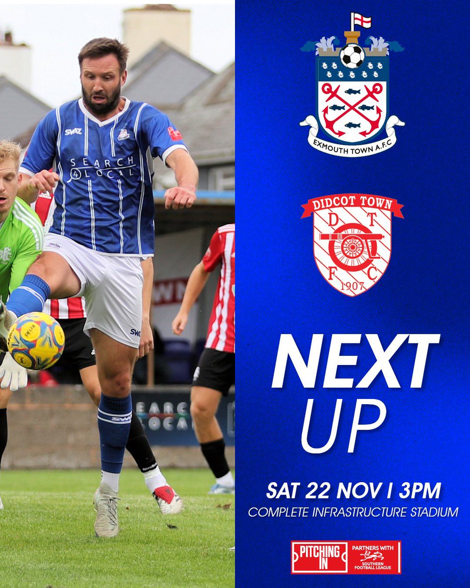 ExmouthTown_FC's tweet image. 𝗜𝗧’𝗦 𝗠𝗔𝗧𝗖𝗛𝗗𝗔𝗬 ⚽️

Join us this afternoon, as we take on @DidcotTownFC at the Complete Infrastructure Stadium!

⌚️ 3pm KO
🎟️ Adults £10, 065 £8, U18s £5, U16s &amp;amp; members free, carers free w/paying concession (U16s must be accompanied)

#UTT | @Search4Local