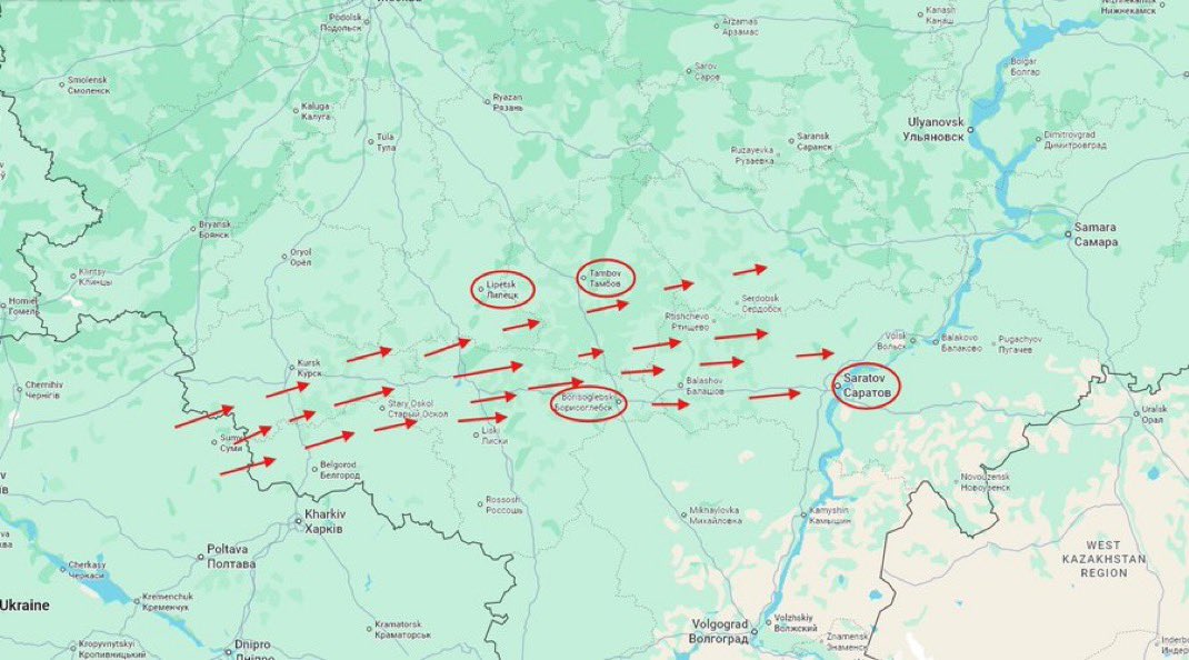 visegrad24's tweet image. Ukraine launched a large drone swarm attack against Russia last night, hitting targets in occupied Crimea, Saratov, Syzran and the Kursk region. 

The oil refinery in Syzran and power substations in Crimea and Rylsk were all struck.