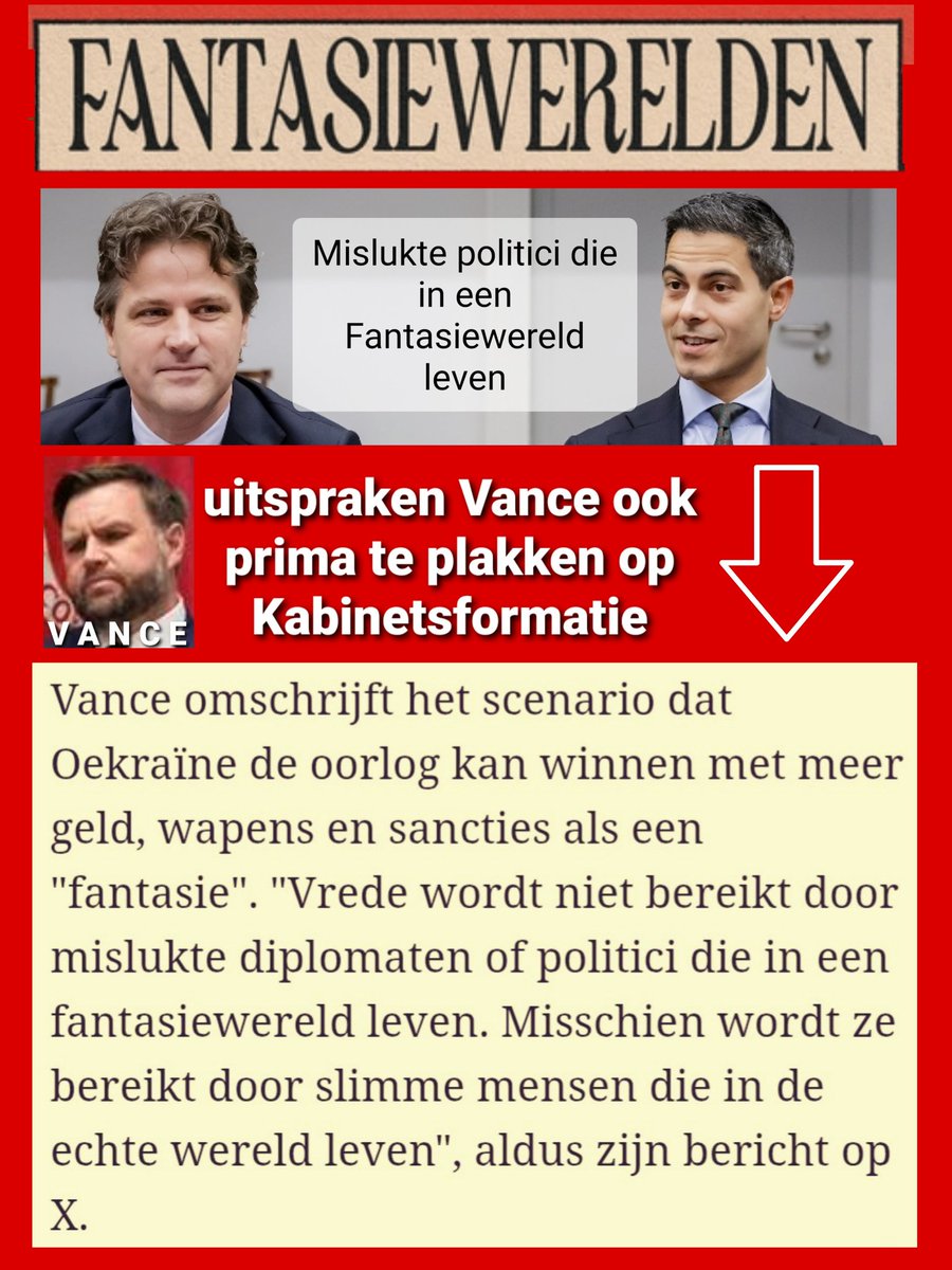 Spot on! De uitspraken van Vice President #Vance in relatie tot het vredesplan van #Trump, verwijzend naar linkse kromgetrokken Eurofieltjes, maar ook 1 op 1 te vertalen naar de #kabinetsformatie waar 'babbelaars' levend in een #fantasiewereld ons land naar de kloten gaan helpen.