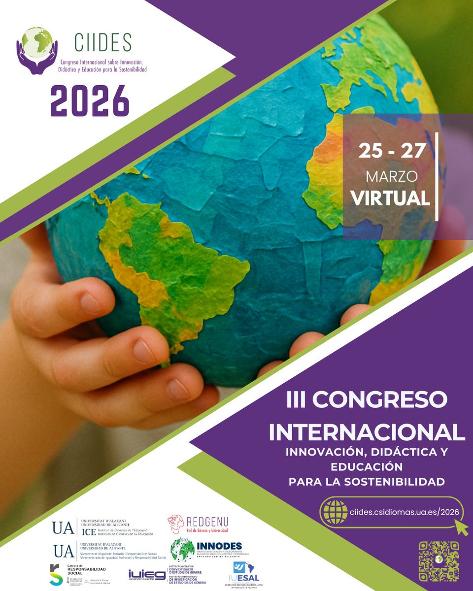 📢CIIDES 2026 ya tiene fechas
El III #CongresoInternacional sobre #Innovación, #Didáctica y #Educación para la Sostenibilidad será del 25 al 27 de marzo de 2026 (virtual)
Un espacio para el diálogo, la investigación y la acción educativa
ℹ️sl1nk.com/ciides2026
#claustrovirtual