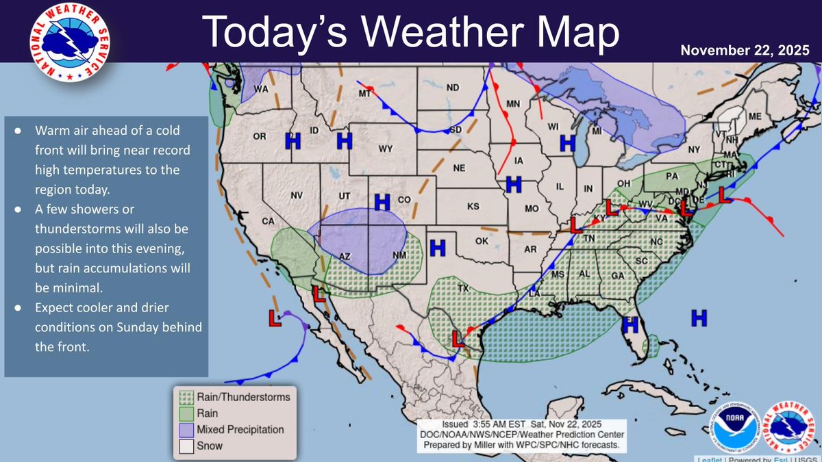 Near record highs are expected again today along with a slight chance for a shower or storm. Cooler and drier conditions will return for Sunday behind a cold front. #caewx #gawx #scwx