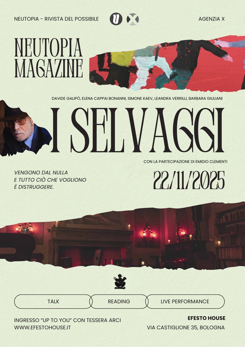 Oggi 22 Novembre da Efesto a Bologna per presentare l’ultimo numero di Neutopia Magazine, I SELVAGGI <a href="/AgenziaX/">Agenzia X Edizioni</a> 

Dalle ore 19:00 🕖

▶️ Talk e Reading con tratto da “I Selvaggi”, con la partecipazione straordinaria di Emidio Clementi (Massimo Volume)

#Neutopia #VolXIX #ISELVAGGI