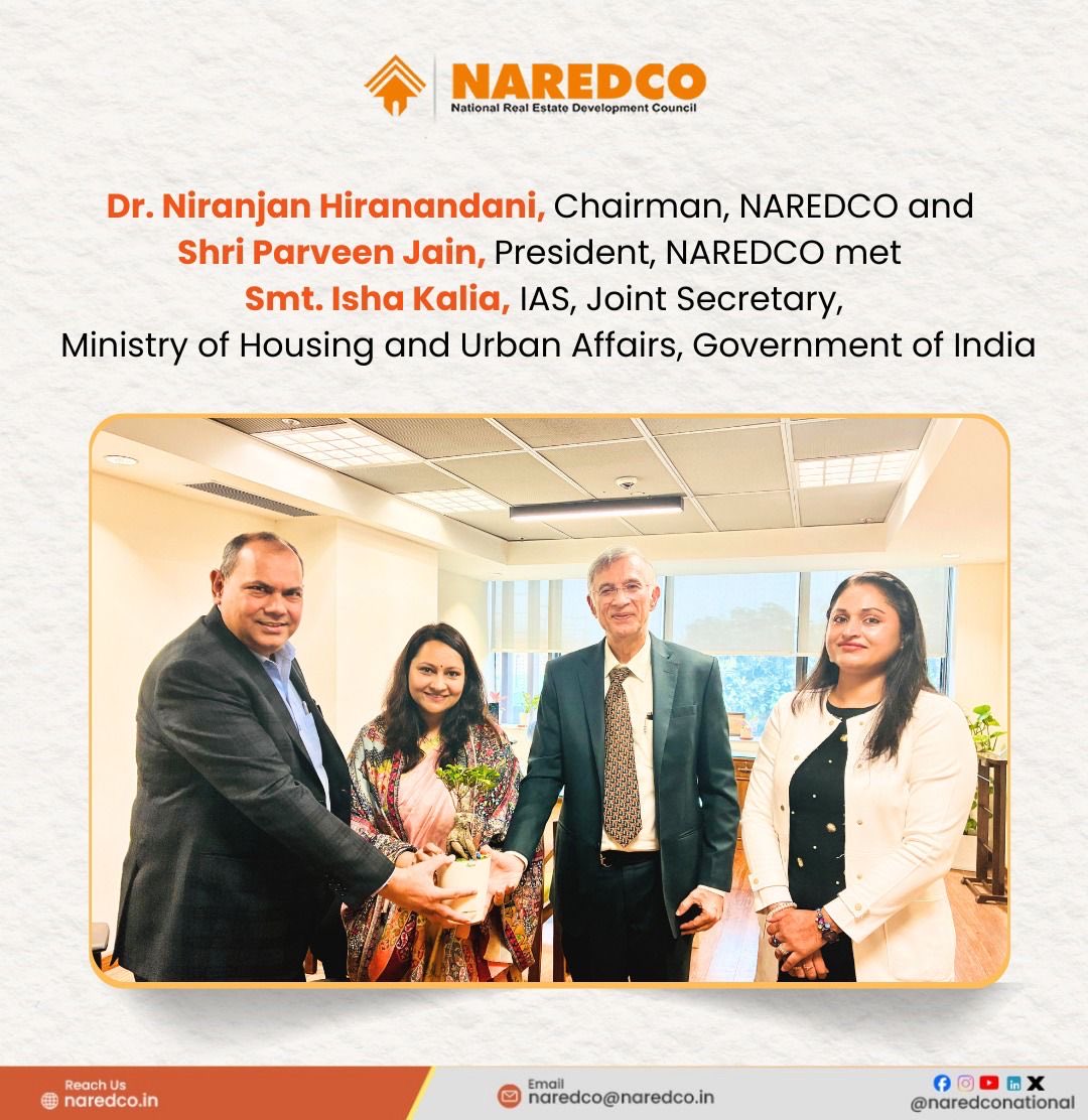 NaredcoNational's tweet image. A #NAREDCO delegation led by Dr. Niranjan Hiranandani, Chairman, and Shri Parveen Jain, President, held a meeting with Smt. Isha Kalia, IAS, Joint Secretary (NULM, PM SVANidhi &amp;amp; AMRUT), Ministry of Housing and Urban Affairs, Government of India.

#UrbanDevelopment #RealEstate