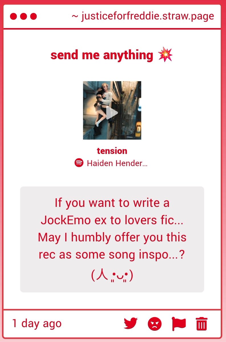 oh this is absolutely going on the jockemo angst playlist. thank you anon!!! this is helping so much w fic inspo heh 

justiceforfreddie.straw.page