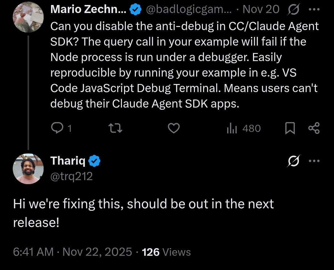 badlogicgames's tweet image. After what feels like a century in AI time, Anthropic will finally do away with the silly anti-debug in Claude Code/Agent SDK. 

Hurray!