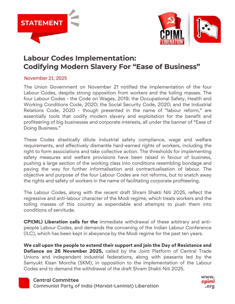 श्रम संहिताओं का क्रियान्वयन : “व्यापार करने में सुगमता” के नाम पर आधुनिक गुलामी को सहिंताबद्ध करना.

कामगारों और मेहनतकश जनता के भारी विरोध के बावजूद केंद्र सरकार ने 21 नवंबर को चार श्रम संहिताओं को अधिसूचित कर दिया है. ये  चार श्रम संहिताएं – वेतन संहिता,  2019 ; व्यावसायिक