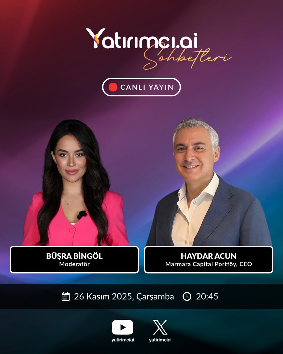 Yatirimci.AI Sohbetleri, Kasım ayının son haftasında finans dünyasının önde gelen isimlerini ağırlıyor.

Bu hafta; piyasalardaki güncel görünüm, hisse ve fon analizleri, yıl sonu beklentileri ve küresel yatırım temalarını farklı perspektiflerle ele alıyoruz.

🎙️ 24