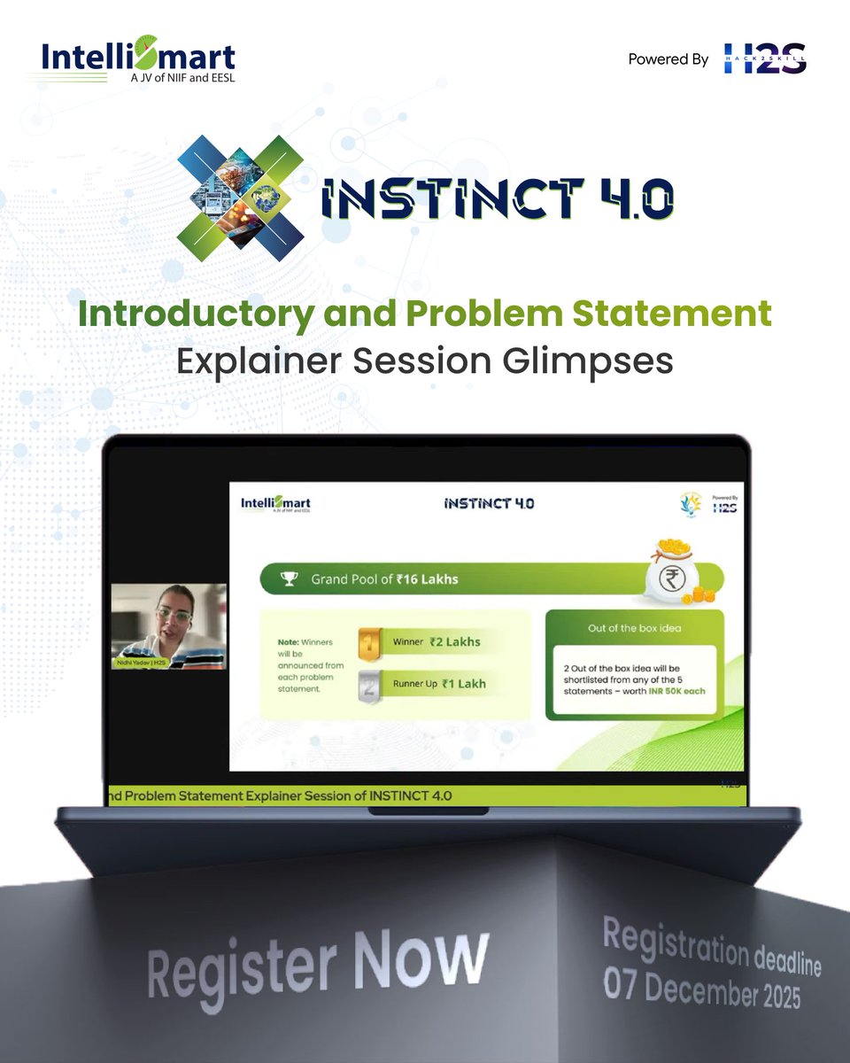 hack2skill's tweet image. INSTINCT 4.0 kicks off with a powerful Introductory &amp;amp; Problem Statement Session! Experts from IntelliSmart unveiled key challenges &amp;amp; prize details. Let’s innovate and power India’s energy future together!
#INSTINCT4

Didn’t register yet? Register now at: rebrand.ly/INSTINCT-4