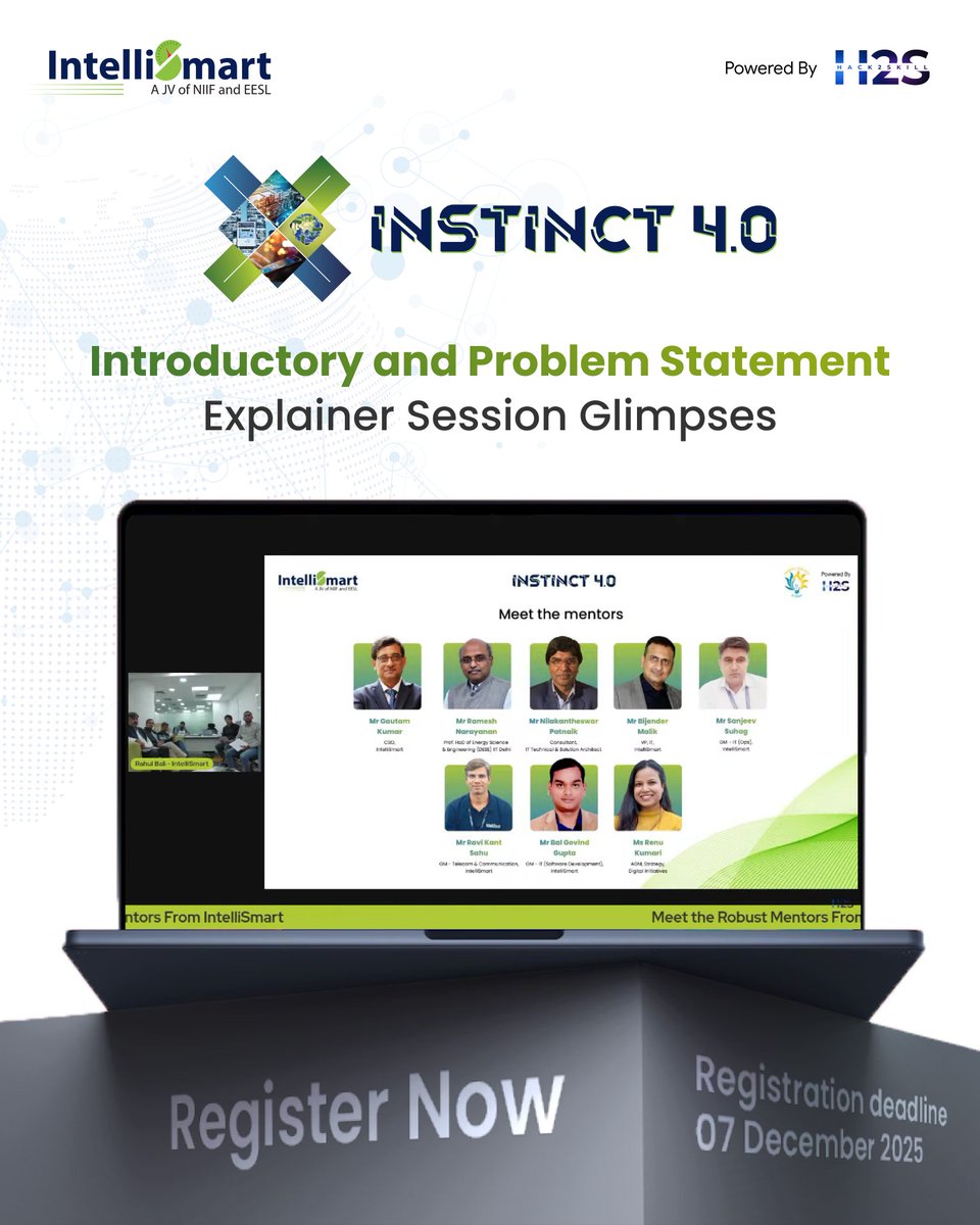hack2skill's tweet image. INSTINCT 4.0 kicks off with a powerful Introductory &amp;amp; Problem Statement Session! Experts from IntelliSmart unveiled key challenges &amp;amp; prize details. Let’s innovate and power India’s energy future together!
#INSTINCT4

Didn’t register yet? Register now at: rebrand.ly/INSTINCT-4
