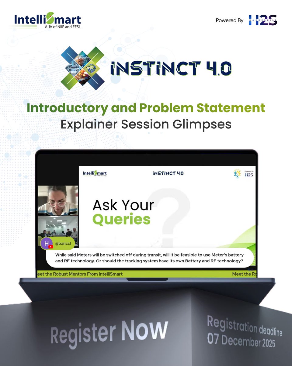 hack2skill's tweet image. INSTINCT 4.0 kicks off with a powerful Introductory &amp;amp; Problem Statement Session! Experts from IntelliSmart unveiled key challenges &amp;amp; prize details. Let’s innovate and power India’s energy future together!
#INSTINCT4

Didn’t register yet? Register now at: rebrand.ly/INSTINCT-4