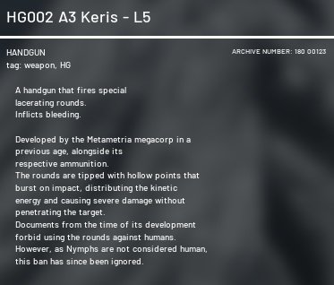 My favourite weapon descriptions from Dolls nest
Suicide revolver and a fecking crime pistol