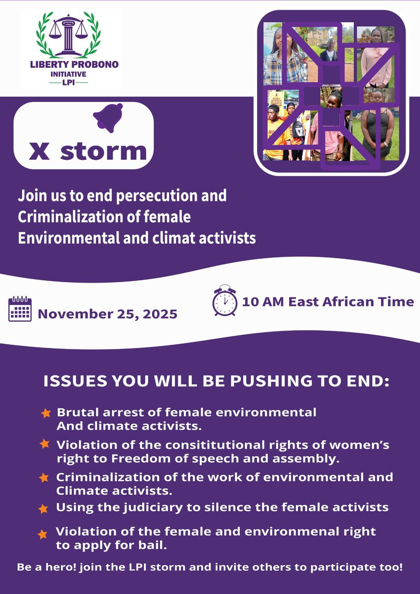 Join the LPI X storm Nov 25 to defend female climate activists. We demand an end to their brutal arrests, criminalization, and judicial silencing. #ClimateJustice