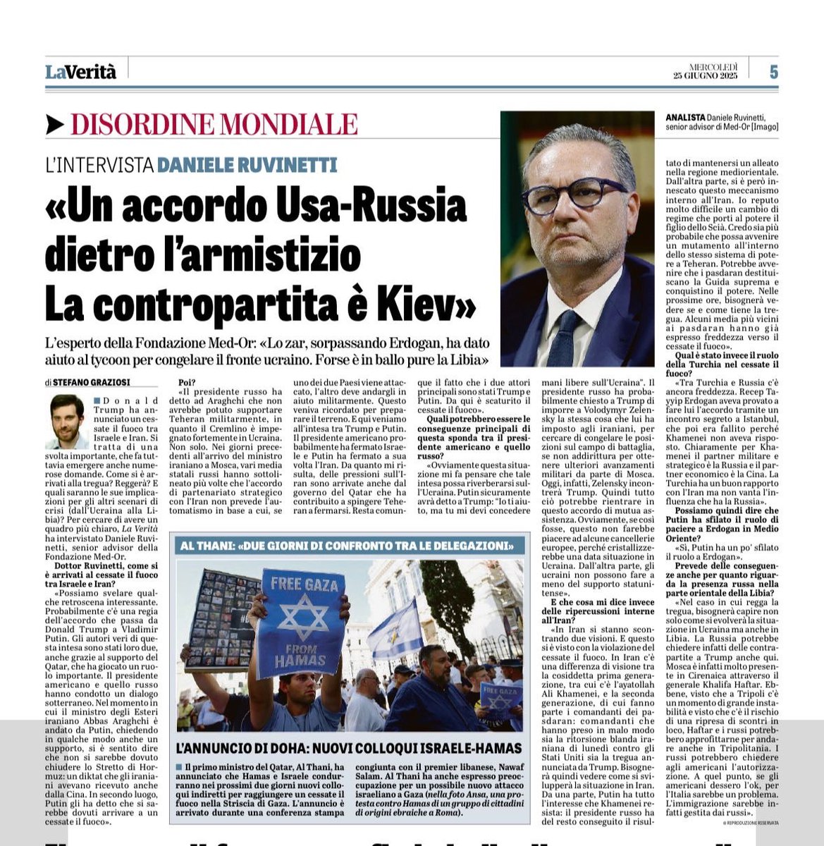 📍Già il 25 giugno avevo svelato su <a href="/LaVeritaWeb/">La Verità</a> che dietro all'accordo per fermare l'Iran, c'era un'intesa Trump-Putin che aveva riflessi anche sull'Ucraina. 

🇺🇸 Gli USA hanno di fatto fermato l'assistenza a Kyiv, e hanno accettato di chiudere e quindi di privilegiare un