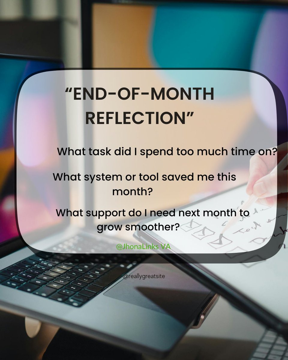 vamomjhona's tweet image. A fresh month is coming — take a moment to reflect. 
What went well, what didn’t, and what will you improve next?

Share your answers below. 👇

#EndOfMonthReflection #OnlineSolution #VirtualAssistantPH #BusinessCheckIn #ProductivityTips #EntrepreneurLife #SmallBusinessSupport