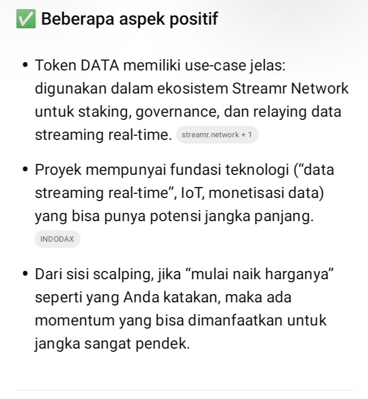 knownjohan's tweet image. Token DATA memiliki use-case jelas: digunakan dalam ekosistem Streamr Network untuk staking, governance, dan relaying data streaming real-time. 

Proyek mempunyai fundasi teknologi (“data streaming real-time”, IoT, monetisasi data) yang bisa punya potensi jangka panjang.
