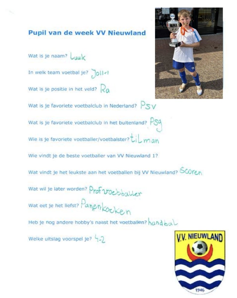 Onze rechtsachter van de JO11 Luuk voorspelt veel doelpunten vanmiddag! Hij mag de bal aftrappen om 14.30 uur!