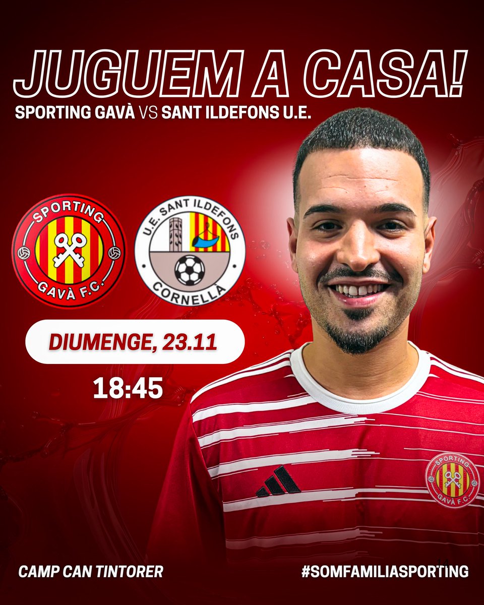 🔴⚪ JUGUEM A CASA!
Demà tornem al nostre camp per viure un nou partit davant la nostra afició!

Ens visita SANT ILDEFONS U.E., i necessitem tot el vostre suport per empènyer l’equip cap a la victòria! 🙌⚽

📅 Diumenge, 23 de novembre
🕖 18:45 h
🏟️ Can Tintorer

🔴⚪