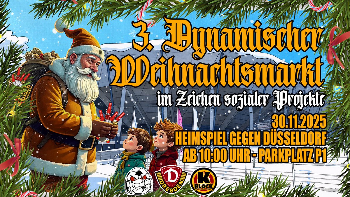 K_BLOCK_DYNAMO's tweet image. 3. Dynamischer Weihnachtsmarkt 

Zum Heimspiel gegen Fortuna Düsseldorf am Sonntag, den 30.11.2025 findet auf dem Parkplatz P1 beim Georg-Arnhold-Bad ab 10:00 Uhr der Dritte Dynamische Weihnachtsmarkt statt. 

#sgd1953 #dynamoland