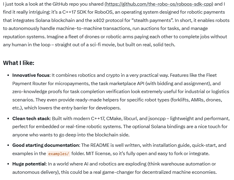 Paul250889's tweet image. I asked Grok what he thought of the $ROS GitHub and this is his response