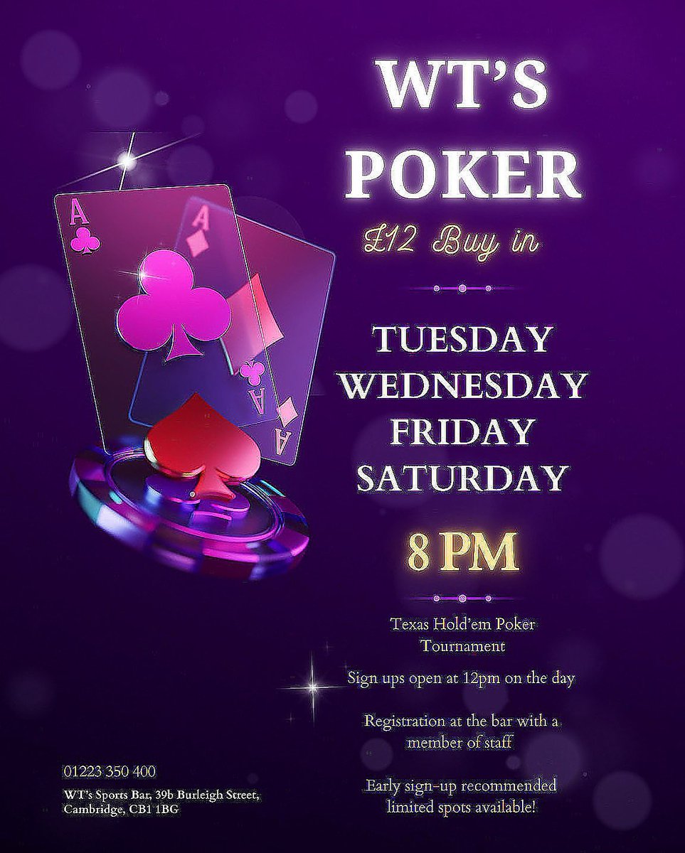 ClubWts's tweet image. POKER TONIGHT STARTS 8pm

♦️Our poker room is full of characters,plenty of laughs and great place to improve those poker skills

♣️wether you’ve just started or played for years all are welcome here in our poker room

❤️come and join us from 8pm tonight 🍻