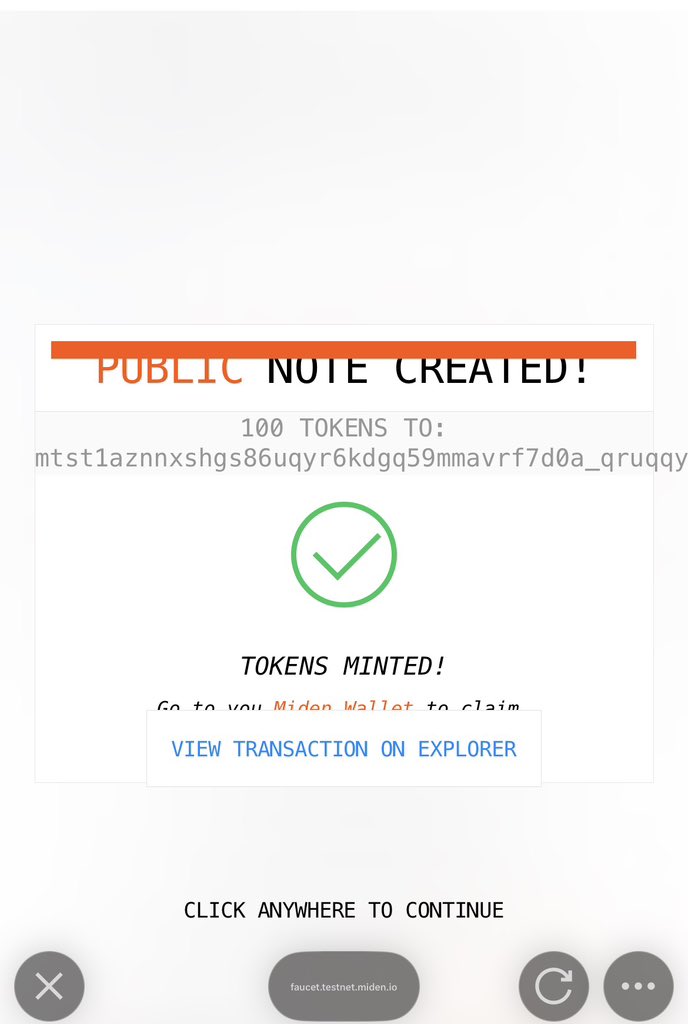 OmjNftarmy's tweet image. JUST HIT THE MIDEN FAUCET AND WE ARE SOOOO BACK

@0xMiden is DIFFERENT.
Clicked the faucet : 👇👇faucet.testnet.miden.io
100 fresh testnet tokens MATERIALIZED like magic.
Zero-knowledge wizardry at its finest 

The speed is INSANE.
The UX is CLEAN.
The vibes is ASTRONOMICAL

If…