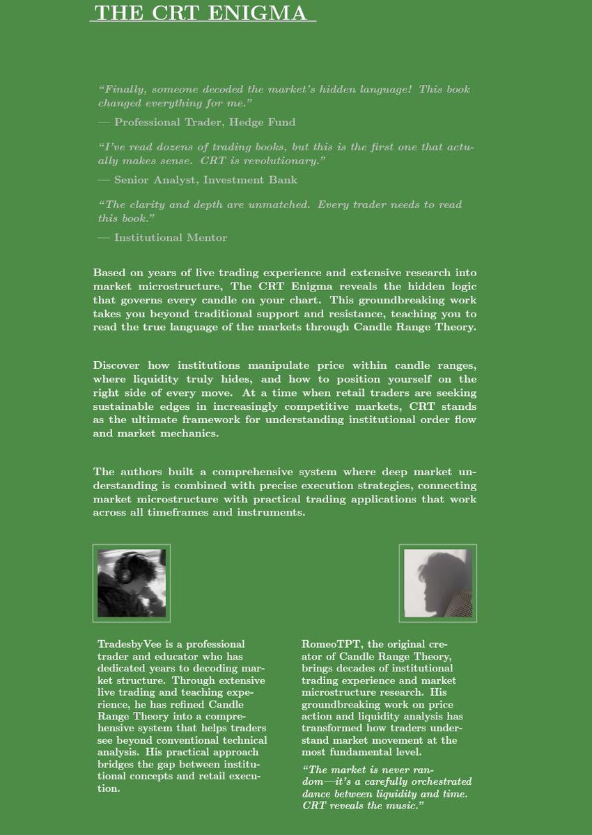 Tradesbyvee's tweet image. THE CRT ENIGMA BOOK RELEASE!

Today marks the release of my third book, and I am beyond grateful for every single one of you who has supported me on this journey 🙏

This journey has transformed me mentally, physically, and in the way I approach the markets. 

Every late night of…