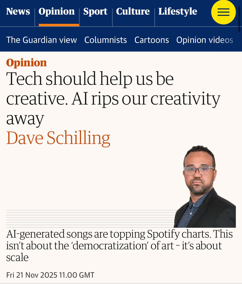 ednewtonrex's tweet image. Fantastic piece on ‘AI creativity’

“When you give your artistic voice over to a machine, you invite a mediator into that expression. Something else is literally doing the talking for you. You are not saying anything.”

theguardian.com/commentisfree/…