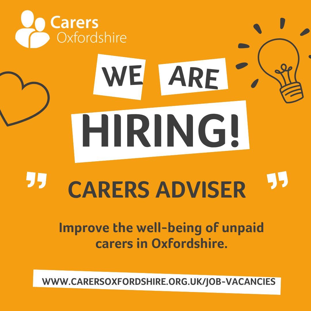 🧡 We're looking for a Carers Adviser to join our team in the West Oxfordshire &amp; Vale of White Horse. In this role, you’ll help carers take care of their wellbeing, feel less isolated, and access support.

👉 For more information and to apply: buff.ly/rdPwnvu