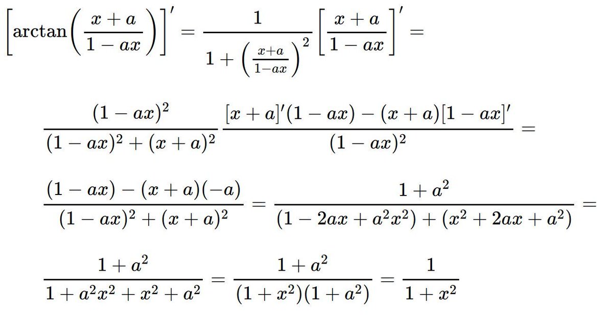 74WTungsteno_es's tweet image. La derivada de arctan((x+a)/(1-ax)) es 1/(1+x^2)
Pero ésa es la derivada de arctan(x)...
¿Qué está mal? 🤨🤨🤨
bit.ly/2Z7n9rP
#mates #ciencia #mathrules #mathTeacher #elearning #calculo
