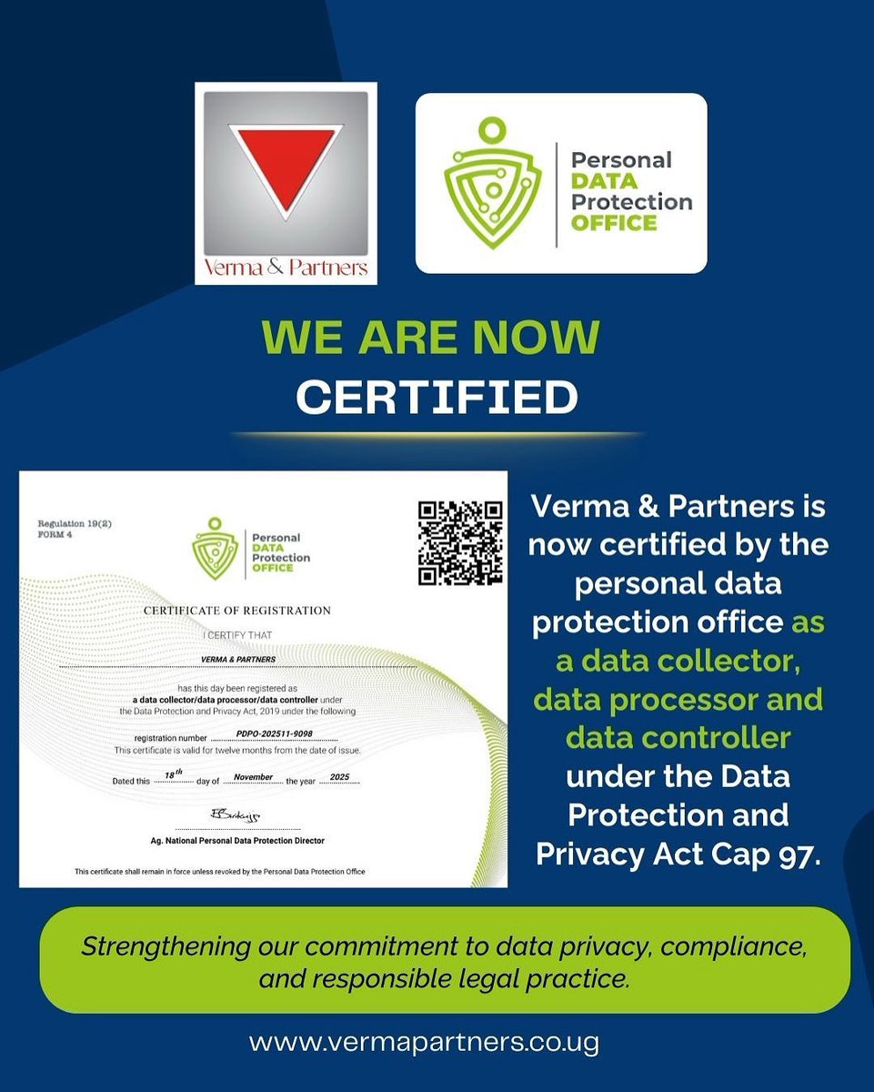 At Verma &amp; Partnes,we take your privacy seriously. We are officially registered,ensuring that all the personal/Client’s information that we handle is safeguarded under recognized legal standards.
.
#kampala #uganda #ugandakampala #ugandalawfirm #dataprivacy #dataprotectionuganda
