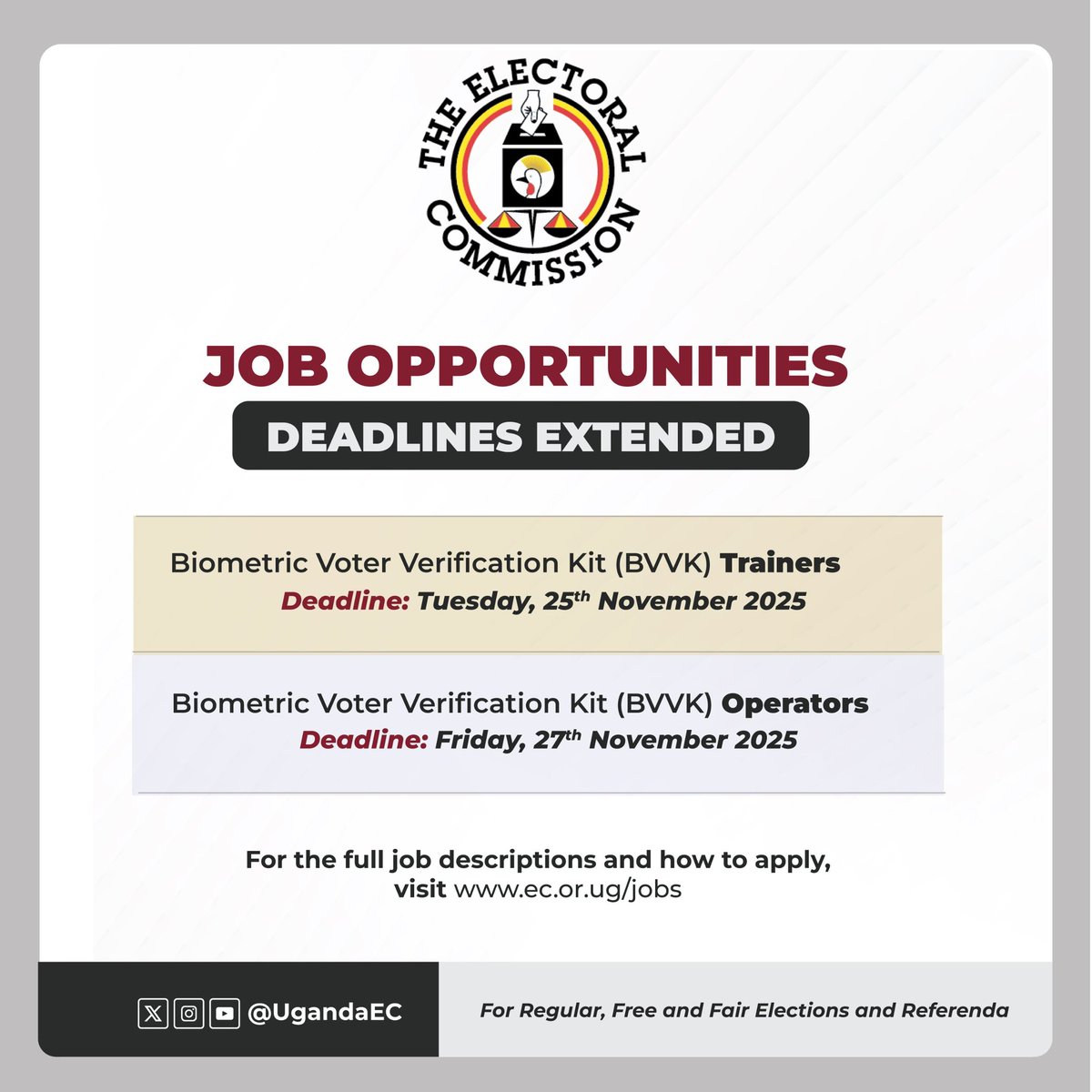 j_mucunguzi's tweet image. Deadlines extended for applying for the over 50,000 BVVK Operators and 1000 plus BVVK Trainers available at the @UgandaEC to work during the 2026 General Elections. 

Qualifications for operators-- Minimum A Level ( senior six)
Qualifications for Trainers: Diploma and above.
For…