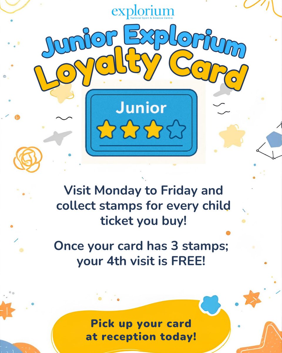 ExploriumI's tweet image. Introducing our Junior Loyalty Card! 🌟
Collect 3 stamps and enjoy a FREE child visit! 🎉
Pick yours up at reception, valid Monday–Friday 🧒✨ #Explorium #loyaltycard