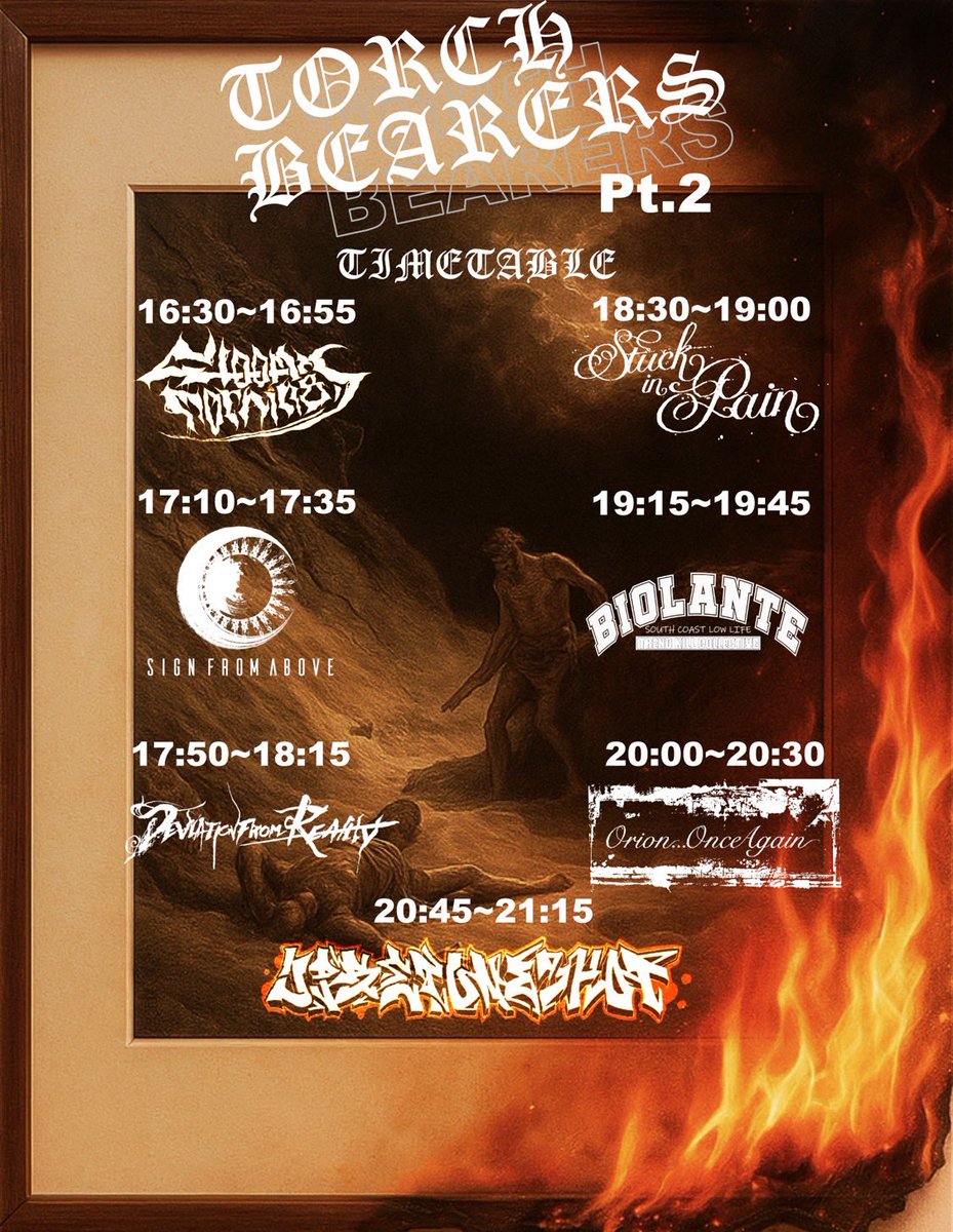 [2週間後]

Fieldism Pre. "Torchbearers Pt.2"
12/6(土) 心斎橋MUSIC BAR HOKAGE

UPSET ONE SHOT
Orion...Once Again
BIOLANTE
Stuck in Pain
Deviation From Reality
Sign From Above
Gloomy Morning

タイムテーブル解禁、一足早めに忘年会と行きましょう！

予約はDMやプロフのURLから