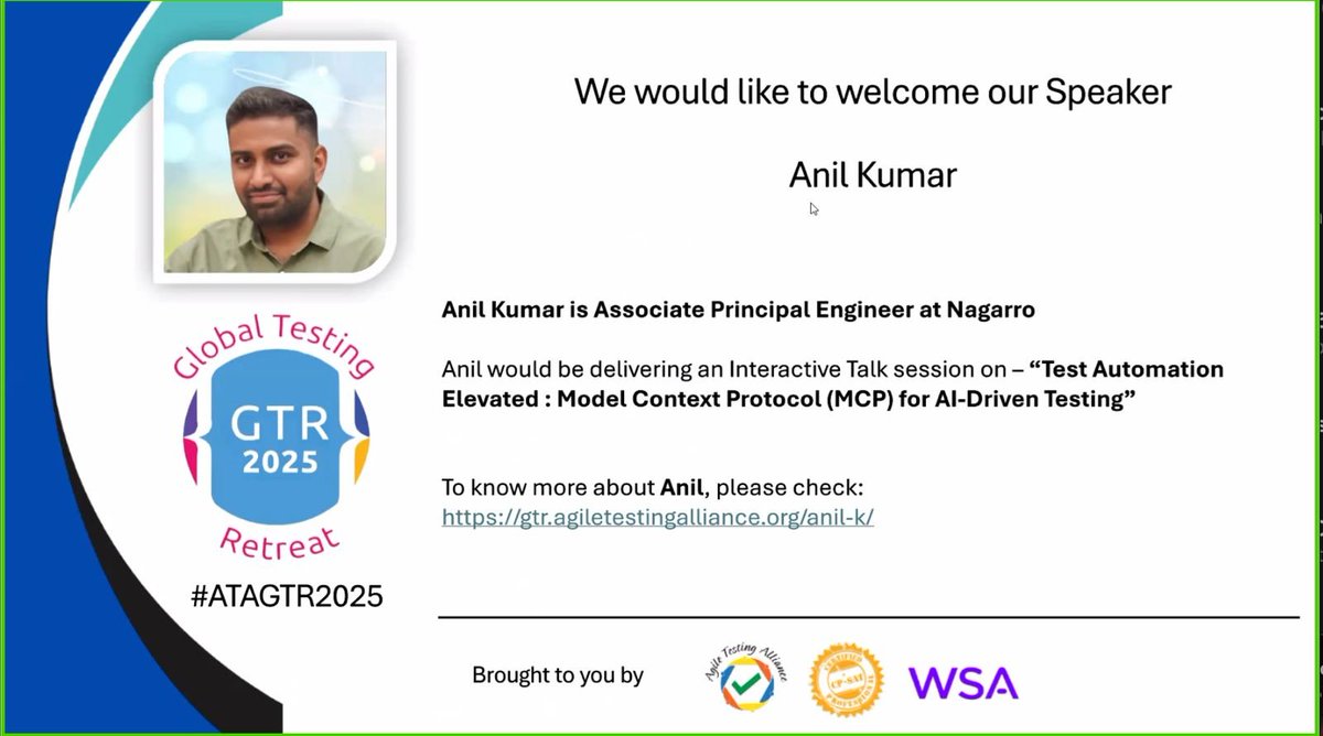 TestingRetreat's tweet photo. DAY 1 TRACK 1 SESSION 4: Welcoming our speaker Anil Kumar for an insightful session on AI-Driven Test Automation #ATAGTR2025 #10th_Edition #VIRTUALCONFDAYS #WSA
@AgileTAlliance
@adigindia
@rajputabhay017
@Tietoevry
@QAMENTOR1
@ISquareIT
@SelectorsHub
@TheTestChat
@WS_Audiology https://t.co/SXnMVbvhbU
