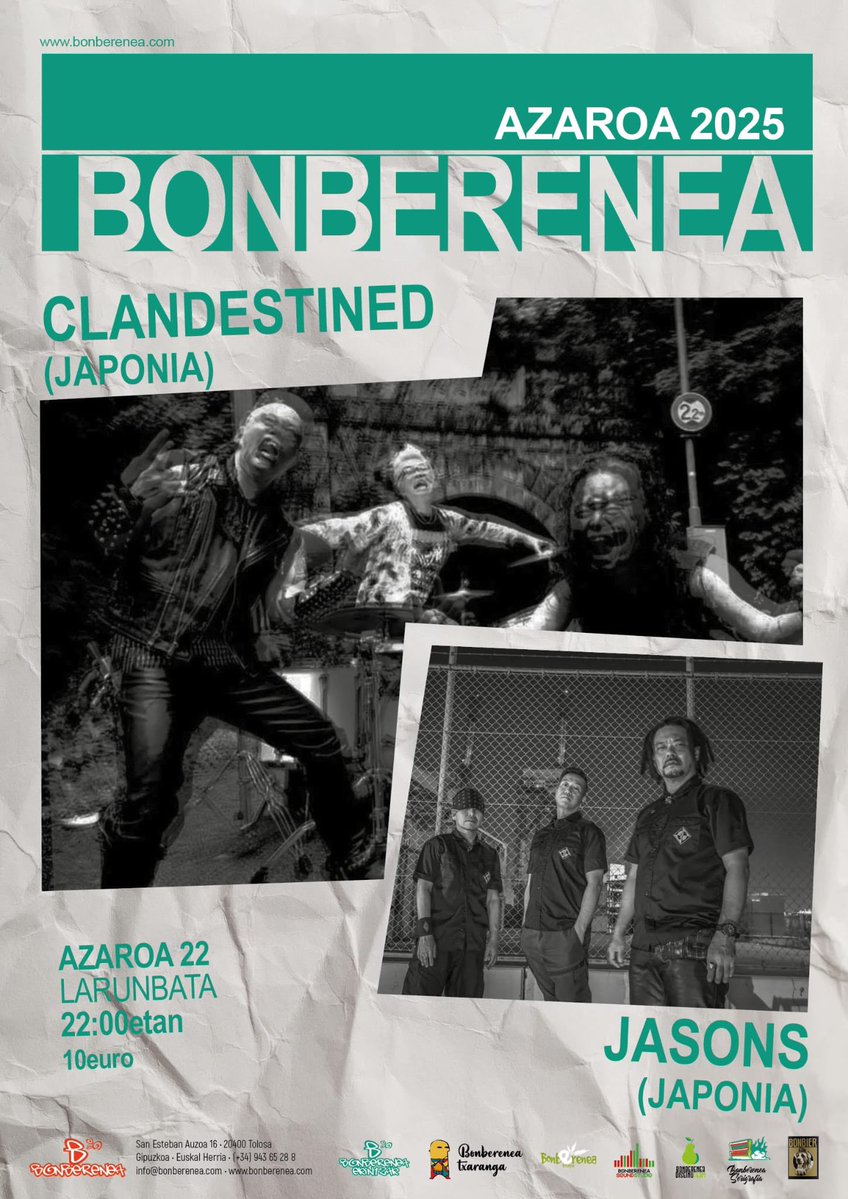Bonberenea's tweet image. BONBERENEA-k aurkezten du:CLANDESTINED(japonia) eta JASONS(japonia) zuzenean!!!azaroak 22 larunbata 22.00etan!!!sarrera 10 euro!!!adi egon!!!

bonberenea.com