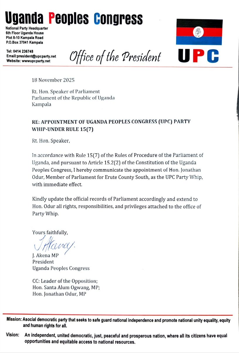 "I mentioned that there will be actions and counter-actions on the ground", UPC President Hon.  <a href="/AkenaJimmyMP/">akenajamesja</a> (November 22, 2025) as he appoints Hon. <a href="/JonaOdur/">Jonathan Odur</a> as the new UPC Whip in <a href="/Parliament_Ug/">Parliament of Uganda</a> <a href="/nbstv/">NBS Television</a> <a href="/newvisionwire/">The New Vision</a> <a href="/DailyMonitor/">Daily Monitor</a> <a href="/ubctvuganda/">UBC UGANDA</a> <a href="/tndnewsuganda/">𝘁𝗻𝗱𝗡𝗲𝘄𝘀, Uganda</a> <a href="/Voiceoflangofm/">Voice of Lango 88fm</a>