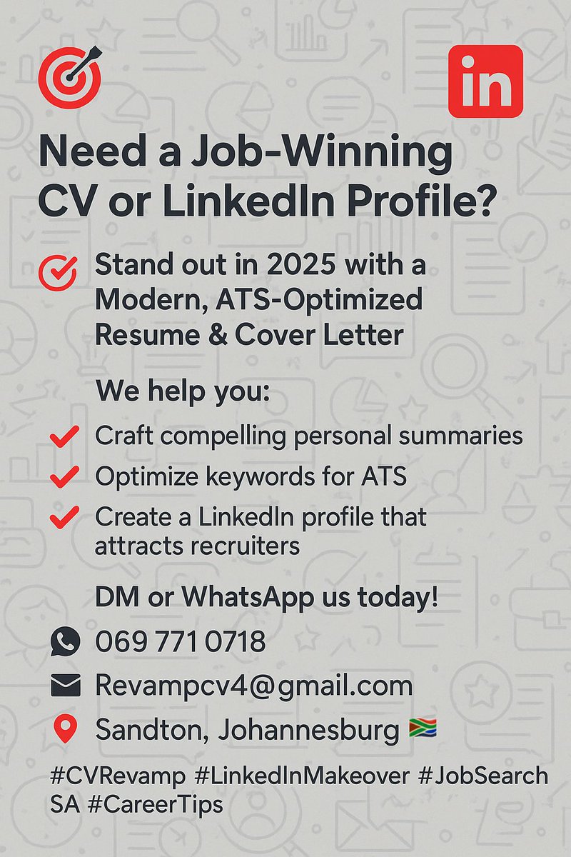 📄 Revamp your CV &amp; LinkedIn-Special 📄

▪️Modern CV (ATS-FRIENDLY) from: R100
▪️Cover Letter: R50
▪️LinkedIn Optimization

Whatsapp link: wa.me/message/DD6SIQ…
069 771 0718

Lupopo Mukoko Sundowns BRICS Ernst Law Ginger President Ramaphosa Mama Joyce Johannesburg #Abangani