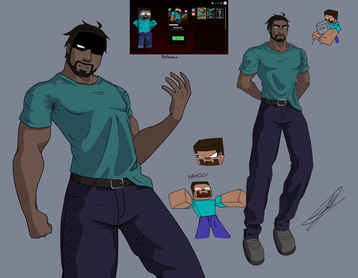 I was tempted to draw Herobrine in this pose. Reference I used is  originally by blockbound #herobrine #BLOCKBOUND #minecraftart, image size:1199x933