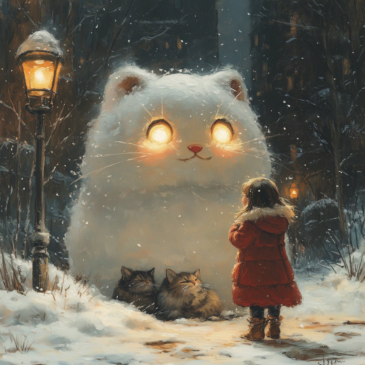 Runtelart's tweet photo. QT your Winter Vibe thanks your kind tagging @Alranshen ❤️
Some nights, magic comes softly — glowing eyes, gentle snow, and a promise only children can hear.”❄️🐾
#CozyFantasy #WhimsicalArt #AIArt #CuteFantasy #CatSpirit #StorybookArt #DigitalPainting #Runtelart #SnowyNights