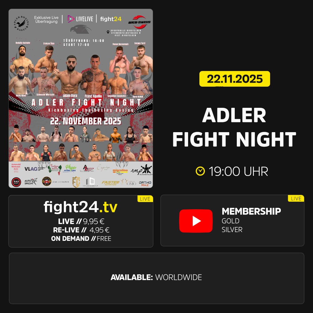 In Basel gibt's heute das Beste aus dem Stand Up: Boxen, Kickboxen und Muay Thai stehen bei der Adler Fight Night auf der Fight Card. Wir sind ab 19 Uhr für Euch live am Start! #adlerfightnight #k1 #muaythai #boxing #live #fight24
📺 loom.ly/TdJY2D4