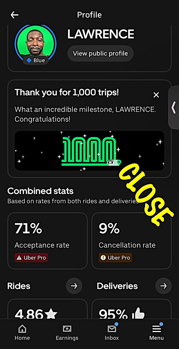 LCDAONE's tweet image. I REACHED MY 1000 TRIP TONITE UBER ( RIDE SHARE CAREER ) IM JUST 4% FROM HAVING MY ACCEPTANCE REQUIREMENT. THEN I NEED TO HAVE 4% CANCELLATIONS TO GET MY GOLD TIER. BEEN A LONG TOME AND THIS HAS BEEN HARD BECAUSE WHEN I JUST DID UBER EATS I REACHED THE DIAMOND LEVEL