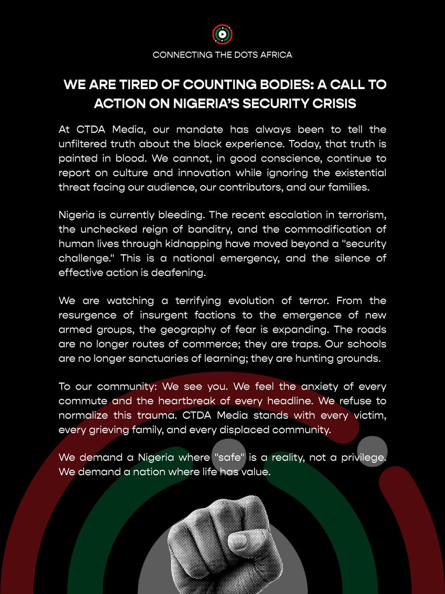 CTDAMEDIA's tweet image. We are tired of typing “Rest in Peace.” 🇳🇬💔

We are calling on the Federal Government to move beyond “condemnation” and start protecting its citizens. We refuse to normalize living in fear. The time for action is now.

#CTDA #Nigeria #SecurityAlert #CTDAMedia #EndInsecurity