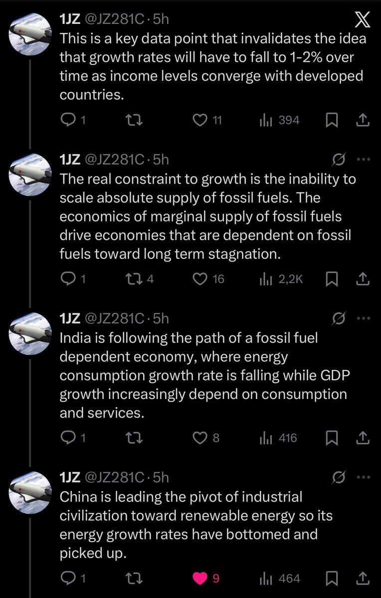 "중국은 2009~2019년에 전환점에 도달했고, 훨씬 높은 기준에서 성장했음에도 불구하고 에너지 소비 증가율이 현재 다시 증가하고 있습니다."
 그들의 에너지 추세가 다른 어떤 경제권과도 비교할 수 없으며 "과잉 