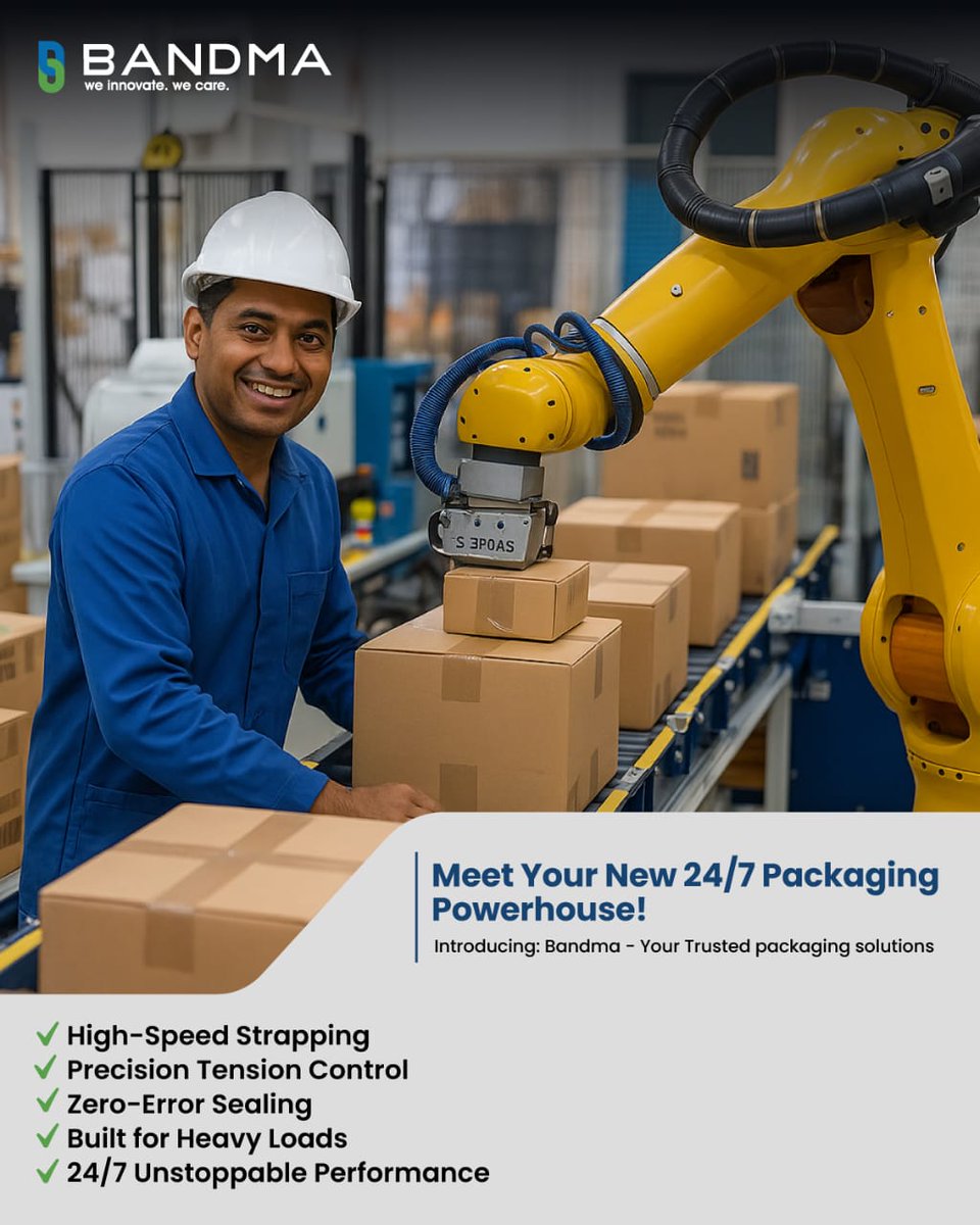 bandma_india's tweet image. Manual workload slowing your production?

Bandma’s automated packaging systems deliver speed, accuracy, and reliability, round the clock.
Don’t let manual work hold you back
.
.
.
#Bandma #PackagingSolutions #AutomationIndia #BandmaSalaam #ManufacturingGrowth