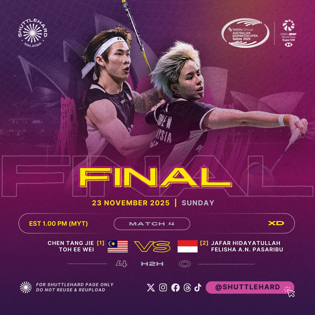 ShuttleHard's tweet image. Jadual Perlawanan #AustralianOpen2025 
Hari Keenam | Final

Hari Perlawanan: mula 10.00 pagi
Perlawanan Ke-0️⃣4️⃣: dijangka 1.00 tengah hari

Juara Dunia dan Pilihan Utama di Sydney 🇦🇺, Chen Tang Jie/Toh Ee Wei 🇲🇾 dalam misi memburu gelaran #BWFWorldTour pertama musim ini.

ChenToh…